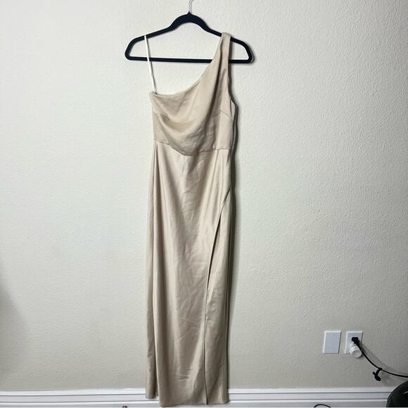 BHLDN Anthropologie Dylan One-Shoulder Satin Side Slit Gown Champagne Womens 8 - Picture 5 of 11